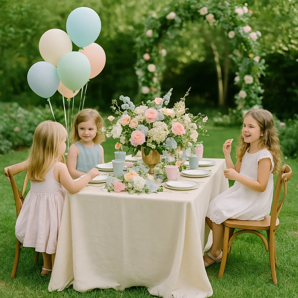 تم تولد در فضای باغ با گل‌های طبیعی و حضور چند کودک شاد