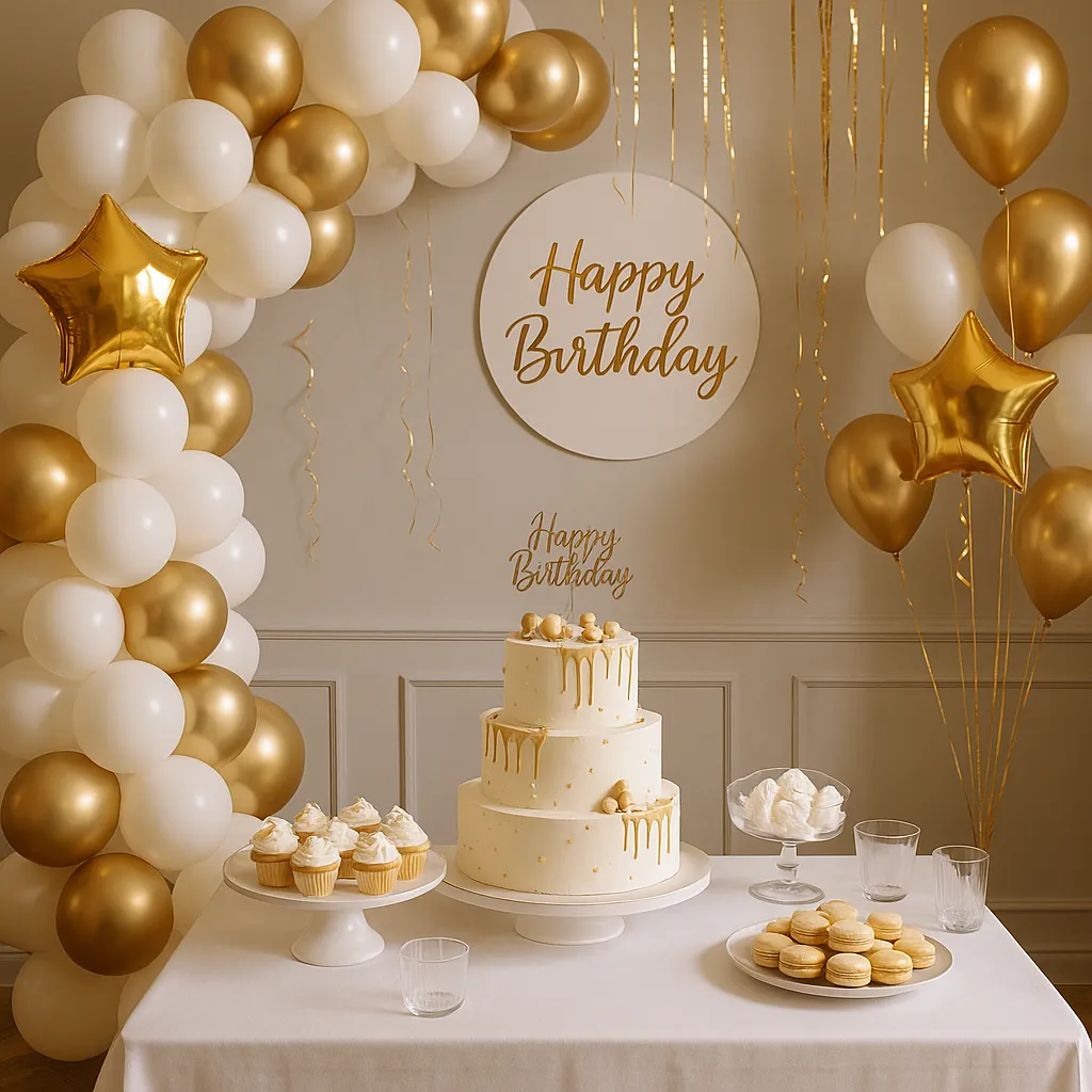 طراحی و اجرای تم تولد لوکس با تزئینات طلایی و سفید
