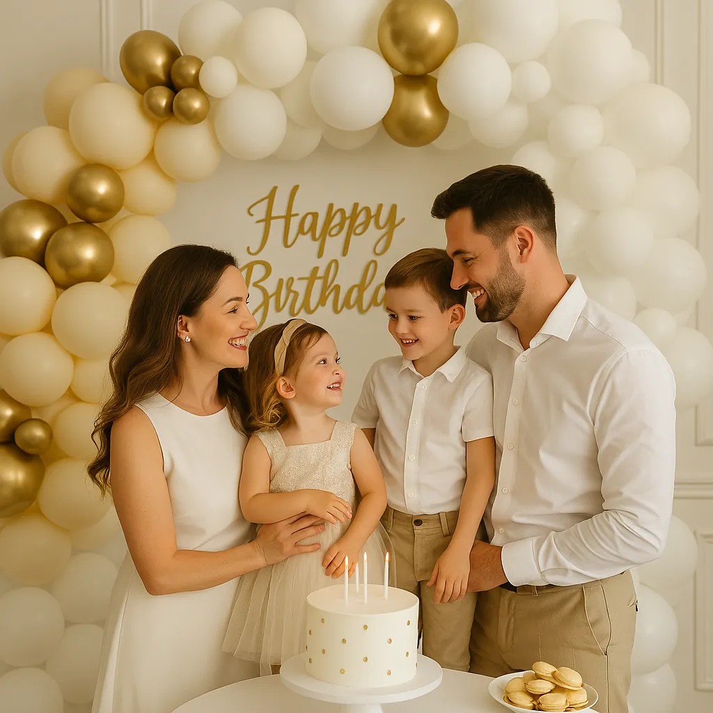 خانواده خوش‌پوش در حال جشن تولد با دکور طلایی و سفید
