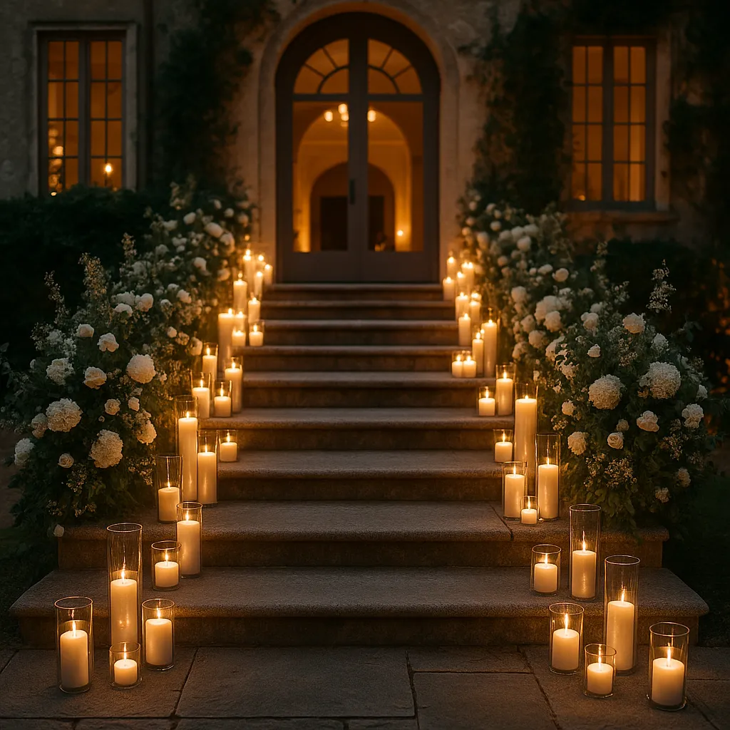 شمع آرایی ورودی مراسم روی پله‌ها با نورپردازی گرم
